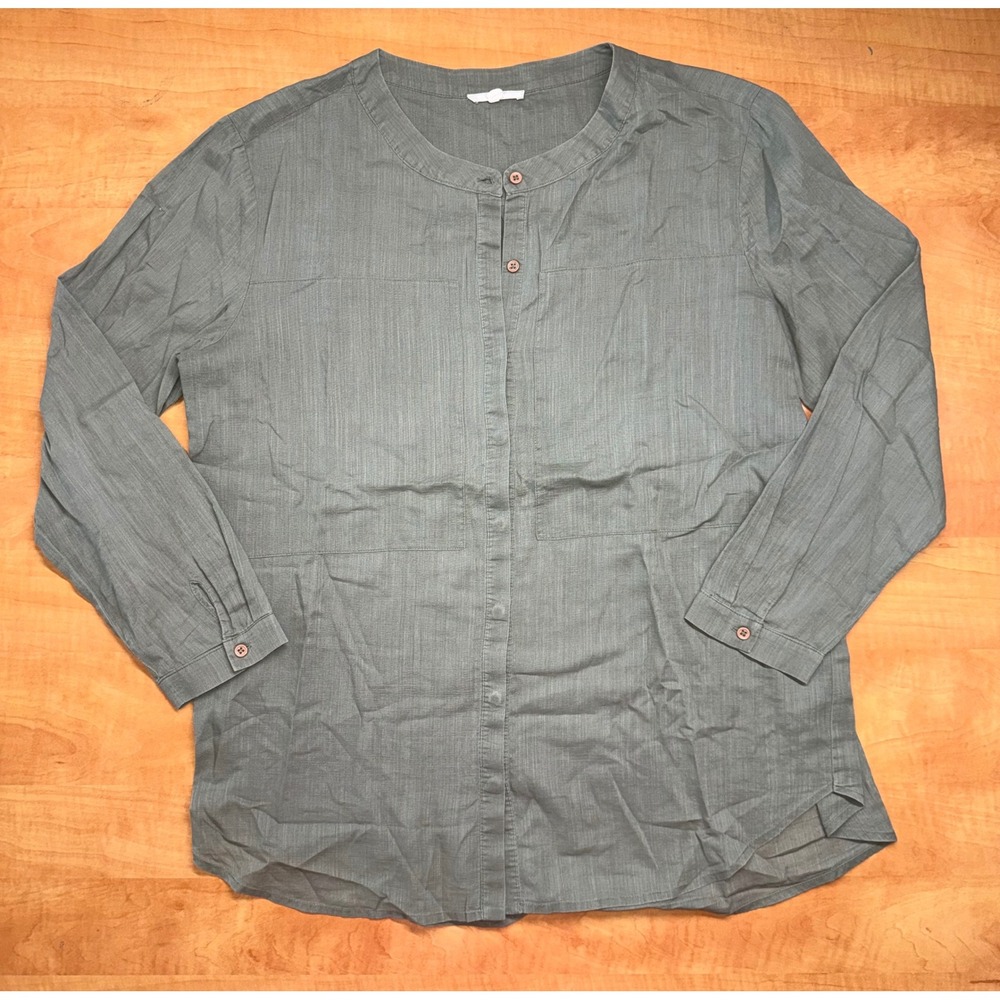 Pleione Womens Olive Green 100% Cotton Button Down Tunic Blouse Size M